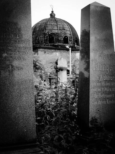 Antiguo cementerio judío abandonado con tumbas de piedra entre árboles —  Fotos de Stock