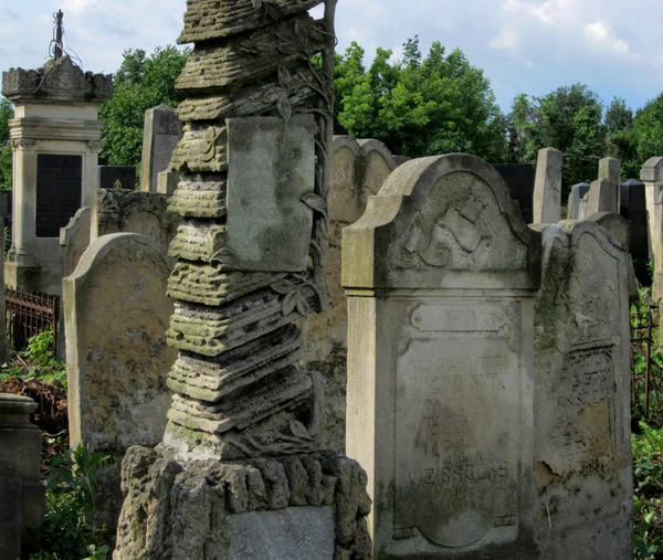 Vecchio cimitero ebraico abbandonato con tombe in pietra tra gli alberi — Foto Stock