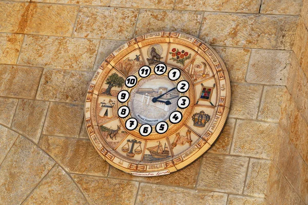 Old clock face shows time signs zodiac on western wall city Jeru