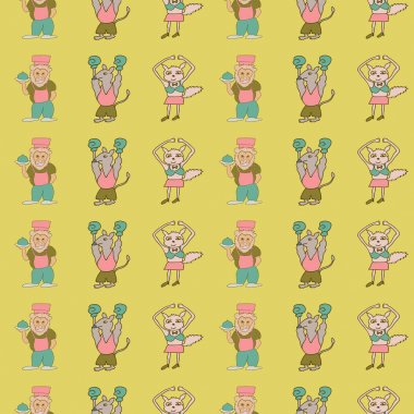 Vektör sarı sevimli dikey antropof çizgi film karakterleri sorunsuz desen arka plan