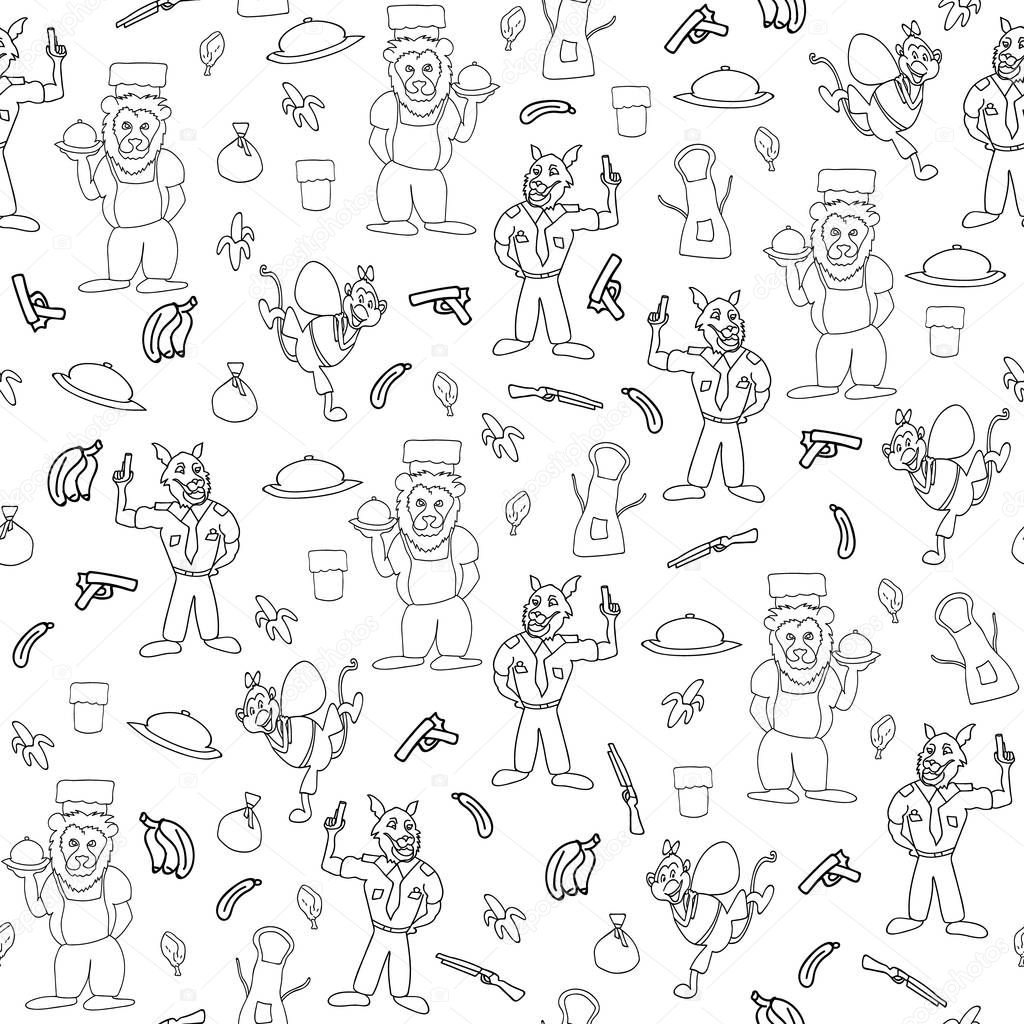 Vector black and white sketchy anthromorphic cartoon characters seamless pattern background