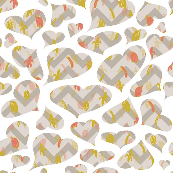 바나나와 쉐브론 원활한 패턴 배경 벡터 흰색 마음 — 스톡 벡터
