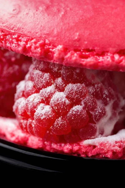 Fransızca macaroons zarif kırmızı bir arka plan gradyan ile ahududu meyveleri ile pasta. Fransız şekerlemeler hassas bir geleneksel tatlı.