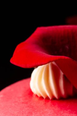 kırmızı gül yaprağı üzerinde vanilya krem. arka plan tatlı tatlı