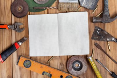 Ahşap zemine beyaz kağıt ve manuel araç yerleştirildi.