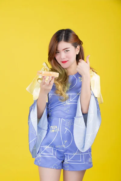 Fashion Girl Dress Hand Gesture Eat Milk Yellow Background — Photo