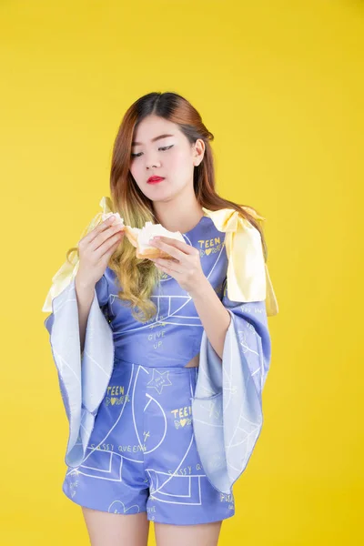 Fashion Girl Dress Hand Gesture Eat Milk Yellow Background — Fotografia de Stock