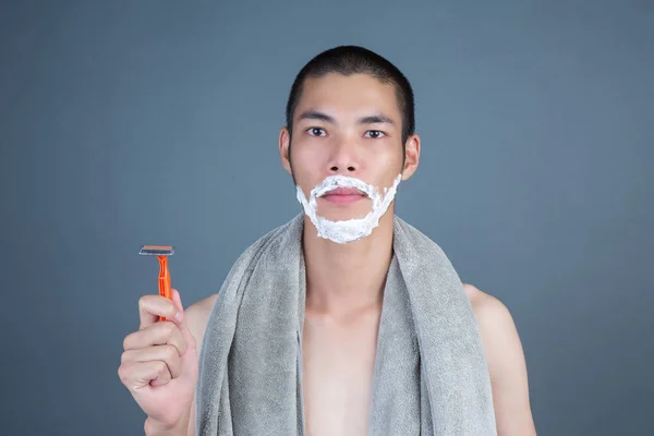 Shaving Handsome Guy Shaved Face Gray Background — Stock Photo, Image
