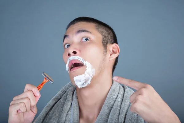 Shaving Handsome Guy Shaved Face Gray Background — Stock Photo, Image