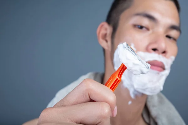 Shaving Handsome Guy Shaved Face Gray Background — Photo