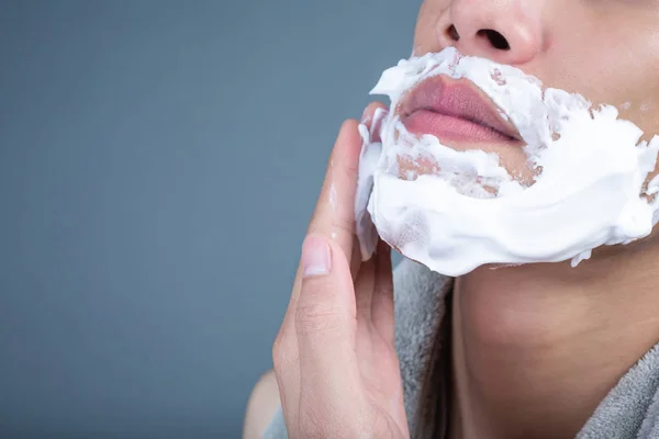 Shaving Handsome Guy Shaved Face Gray Background — Stock Photo, Image