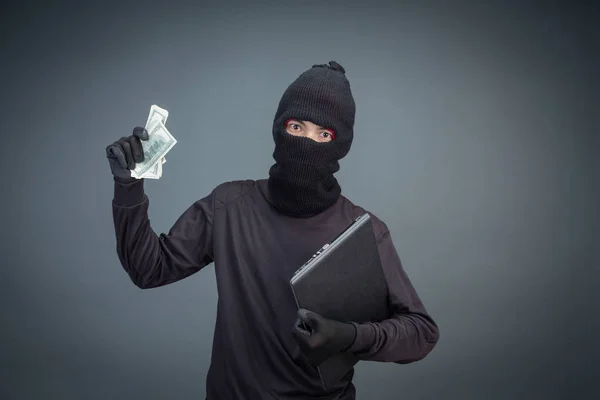 Male Thieves Steal Laptop Computer Gray Background — Stockfoto