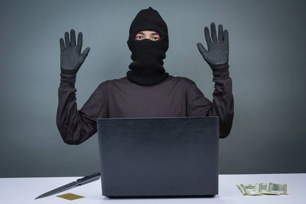 Thief Wears Black Hat Raising Both Hands Gray Background — Stockfoto