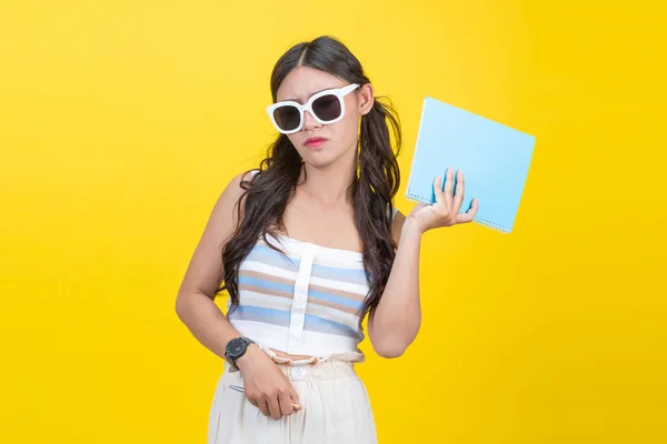 Beautiful Female Students Hold Notebooks Pens Hands Creative Designs Yellow — Foto de Stock