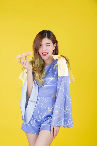 Fashion Girl Dress Hand Gesture Eat Milk Yellow Background — 图库照片