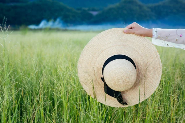 Hands Girl Holding Winged Hat Grassland Mountains Backdrop — 图库照片