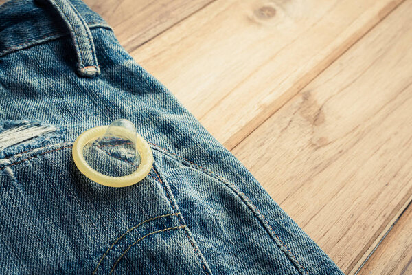 The condom that was placed on the men's pants.