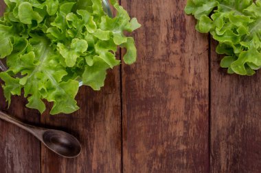 Kahverengi ahşap zemine konan marul konsepti.