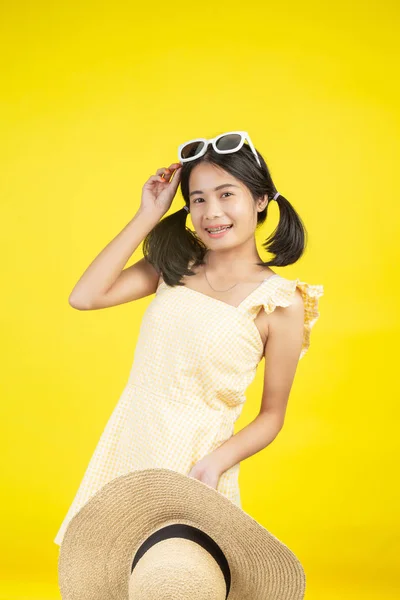 Cheerful Beautiful Woman Wearing Big Hat White Glasses Yellow Background — 图库照片