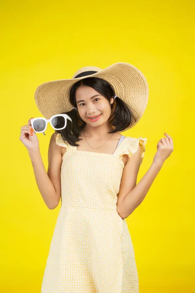 Cheerful Beautiful Woman Wearing Big Hat White Glasses Yellow Background — 图库照片