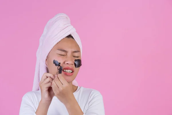 Beauty Cosmetic Peeling Young Female Black Peel Mask Skin Cosmetic — Stock Photo, Image