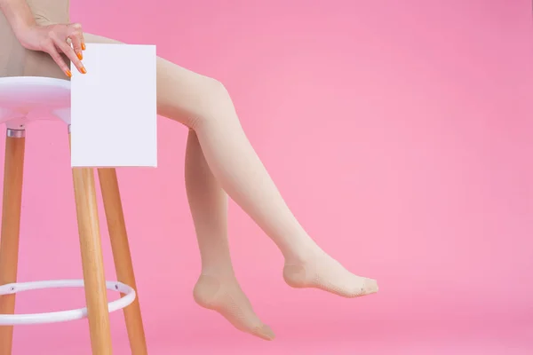 Slender Legs Beautiful Woman Wearing Stockings Box Pink Background — 스톡 사진