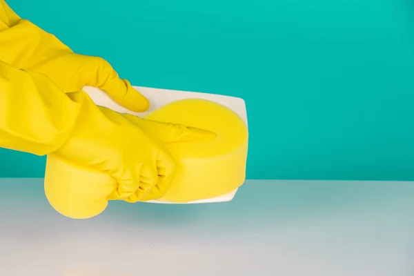 Concept Dishwasher Wearing Yellow Gloves Blue Background — Stock Photo, Image