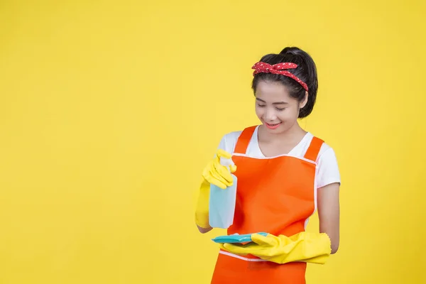 Cleaning Concept Beautiful Woman Cleaning Device Yellow Background — Zdjęcie stockowe