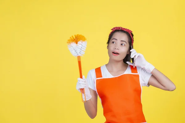 Cleaning Concept Beautiful Woman Holding Toilet Flushing Brush Phone Yellow — Fotografia de Stock