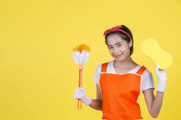 Cleaning Concept Beautiful Woman Cleaning Device Yellow Background — 图库照片