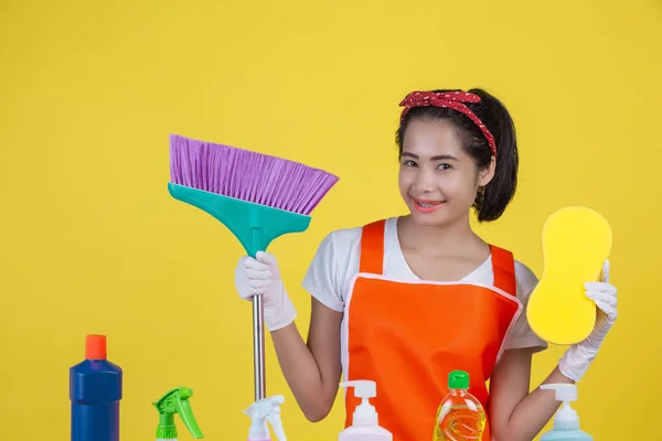 Cleaning Concept Beautiful Woman Cleaning Device Yellow Background — Foto de Stock