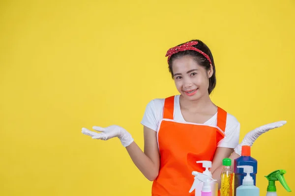 Cleaning Concept Beautiful Woman Cleaning Device Yellow Background — Fotografia de Stock