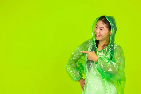 Girl Wearing Green Rain Dress Green Background — Stock Photo, Image