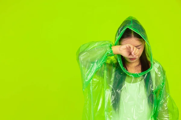 Girl Wearing Green Rain Dress Green Background — Photo