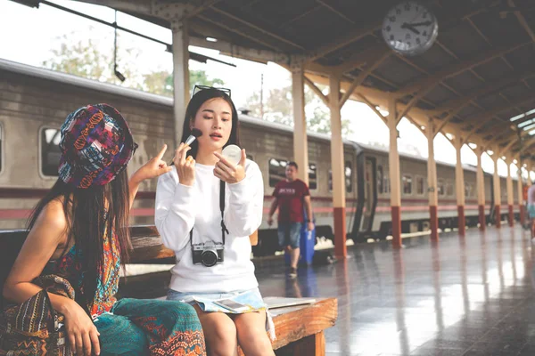 Two Women Happy While Traveling Train Station Tourism Concept — 스톡 사진