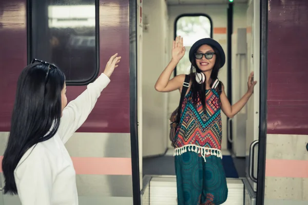 Two Women Happy While Traveling Train Station Tourism Concept — Foto de Stock