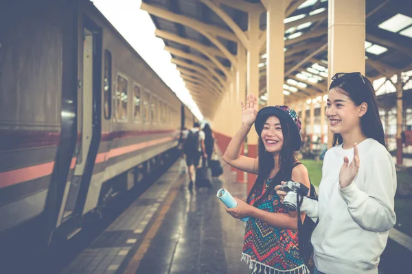 Two Women Happy While Traveling Train Station Tourism Concept — Foto de Stock