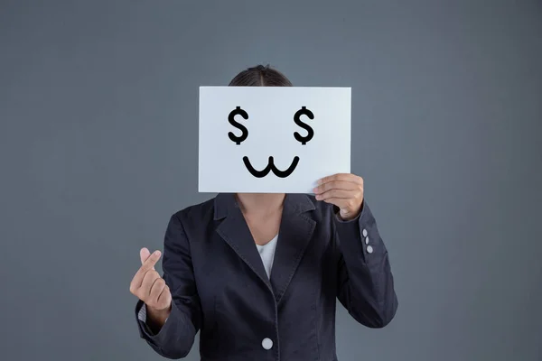 Businesswoman Stood Made Gesture Hard Board Closing His Face Smiley — Stockfoto