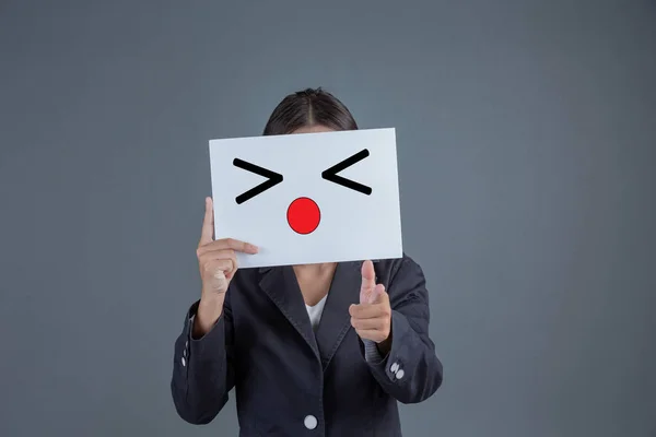 Businesswoman Stood Made Gesture Hard Board Closing His Face Smiley — 图库照片