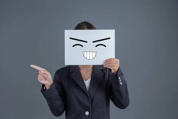Businesswoman Stood Made Gesture Hard Board Closing His Face Smiley — 图库照片