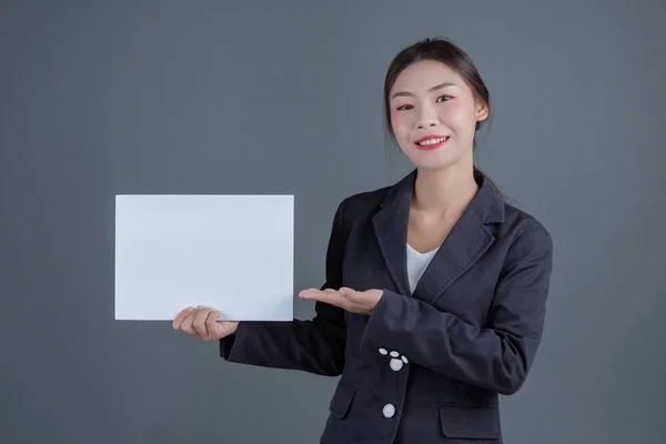 Office Girl Holding White Blank Board Gray Background — 图库照片