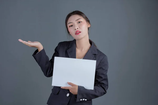 Office Girl Holding White Blank Board Gray Background — Photo