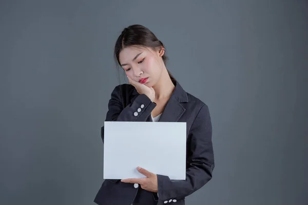 Office Girl Holding White Blank Board Gray Background — Photo