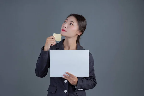 Office Girl Holds White Blank Board Holds Smart Card Gray — Stok Foto