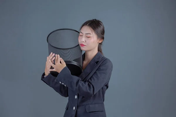Female Business Black Trash Showing Gestures Gray Background — 图库照片