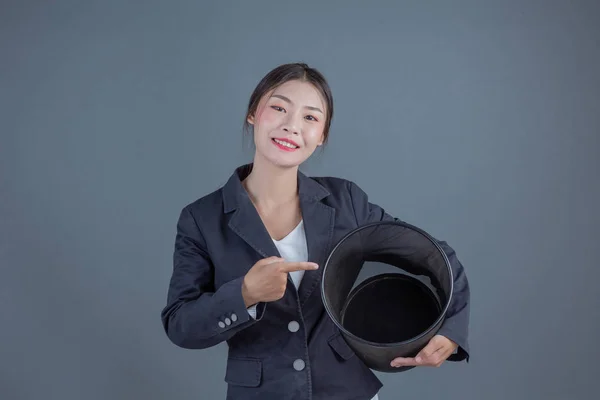 Female Business Black Trash Showing Gestures Gray Background — 图库照片