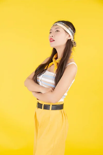 Fashion Girl Dress Hand Gesture Yellow Background — Fotografia de Stock
