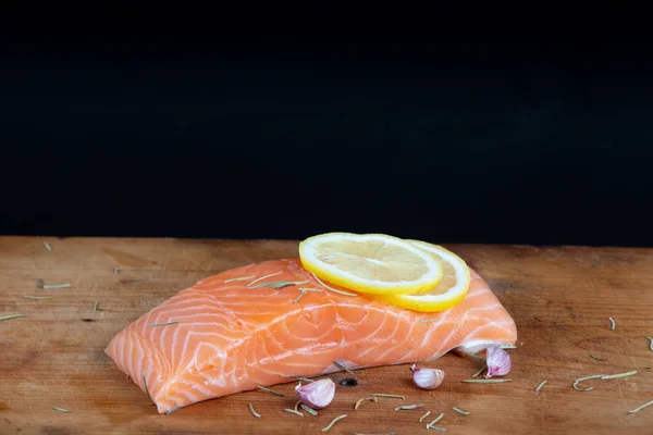 Raw Salmon Fillets Placed Wooden Plates — Stock fotografie