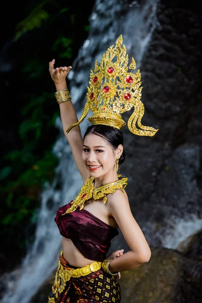 Woman Dressed Ancient Thai Dress Waterfall — Stock Photo, Image