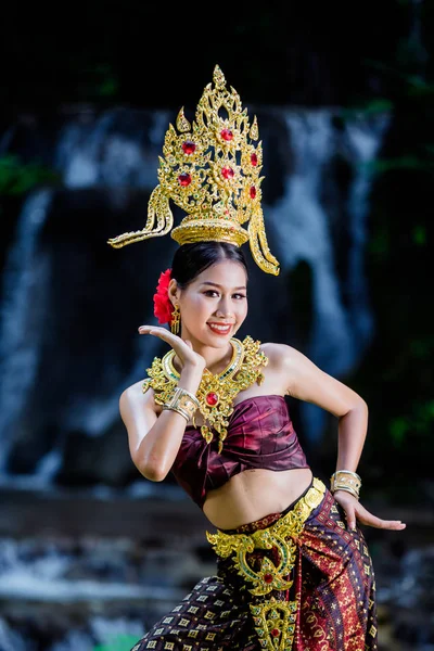 Woman Dressed Ancient Thai Dress Waterfall — Stock Photo, Image